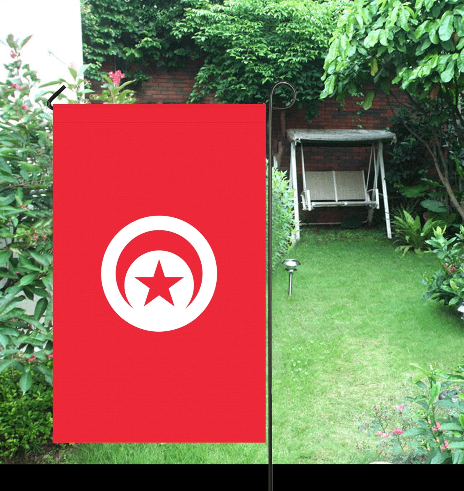 Red [Luv My Flag] garden flag with white star emblem.
