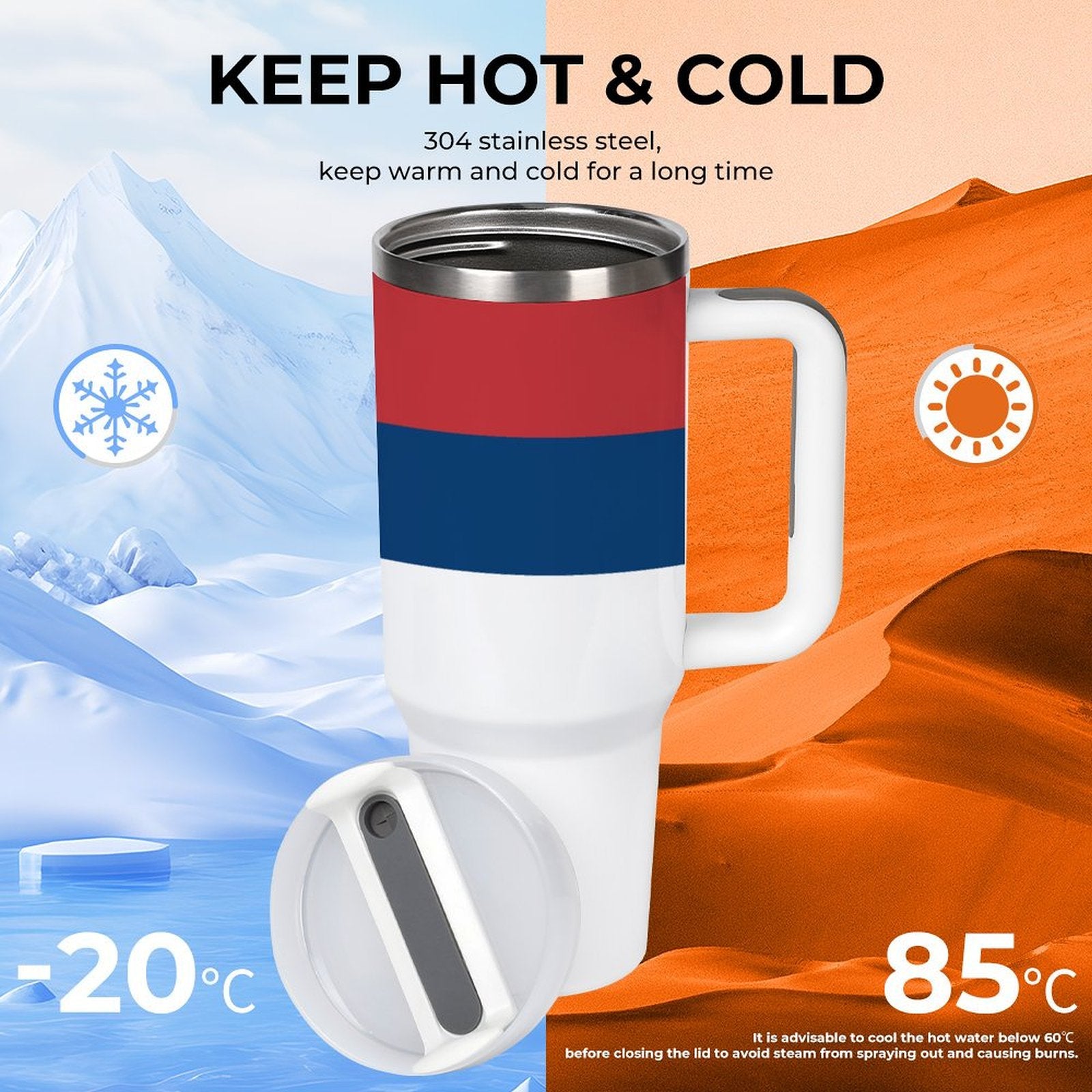 [Brand] insulated mug showcasing hot and cold temperature capabilities.