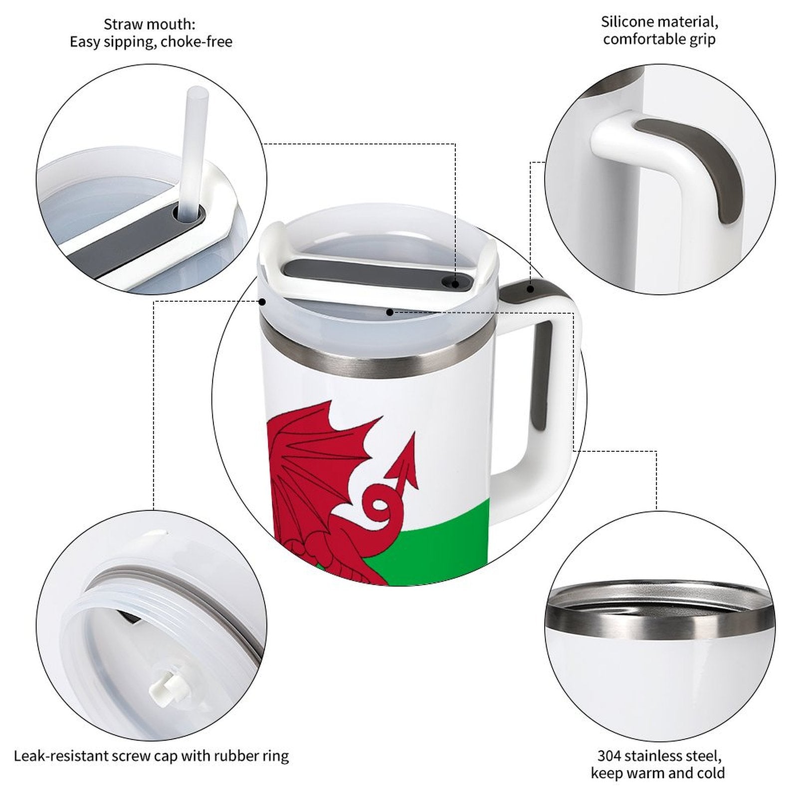 [Brand] insulated mug with dragon design, straw, and features.