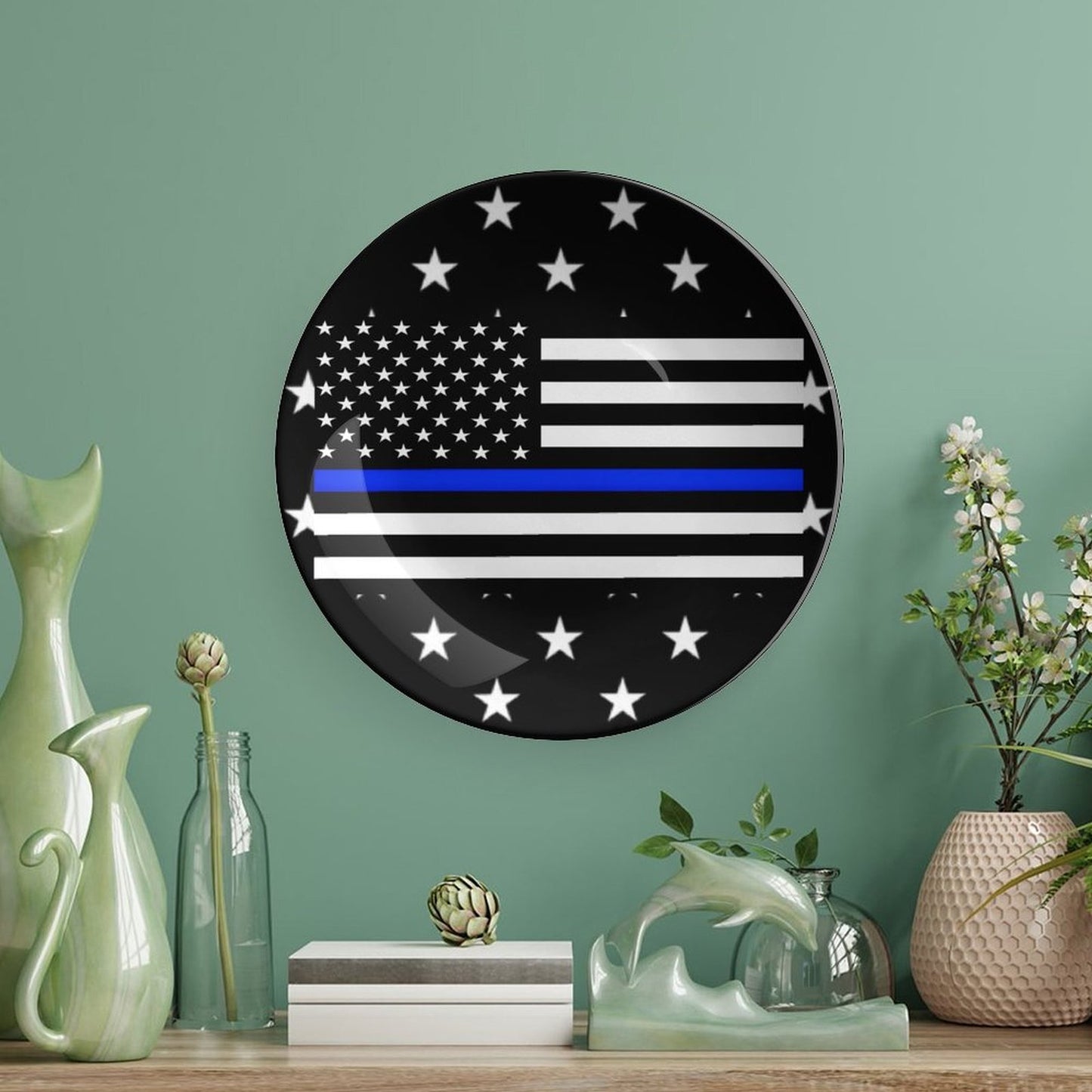 Thin Blue Line Flag Inspired Bone China Decorative Plate