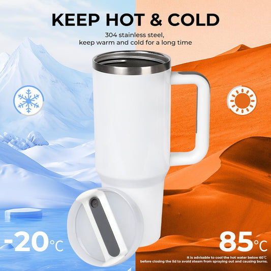 [Brand] white travel mug keeps drinks hot or cold.