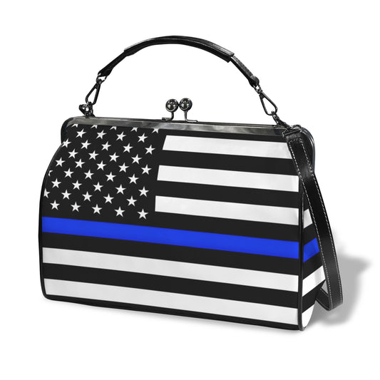 Thin Blue Line Flag Inspired Kisslock Crossbody Shoulder Bag-Large