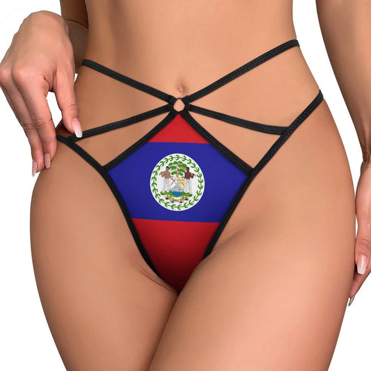A woman wears a bold [Brand] Belize-flag bikini.