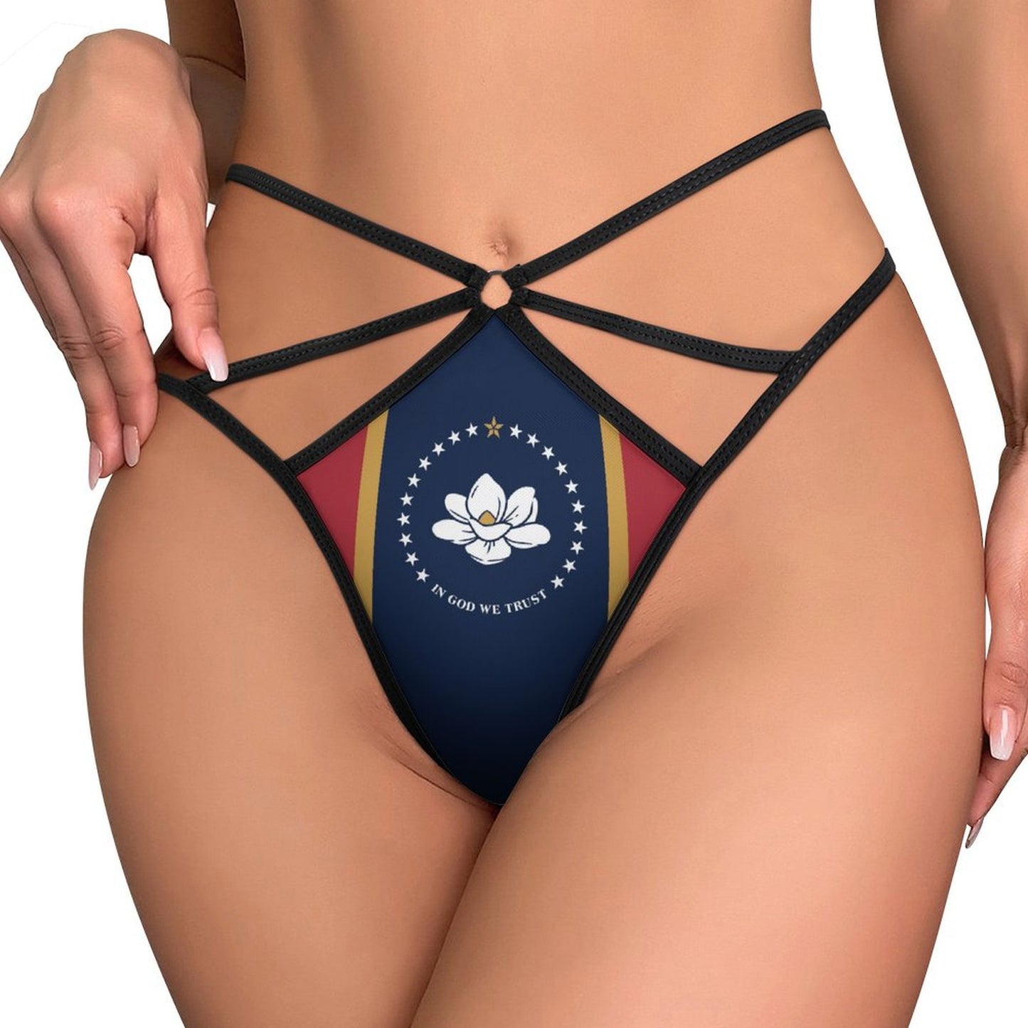 Stylish strappy lingerie with floral pattern emblem, [Brand], close-up.