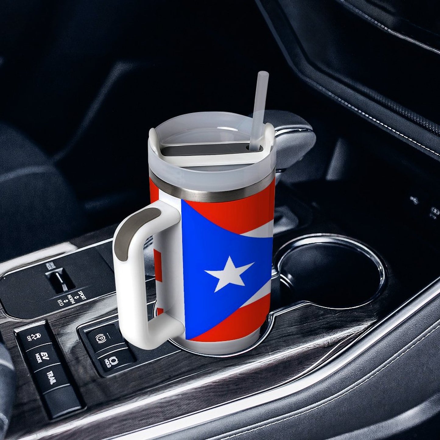 [Brand] travel mug with Puerto Rican flag design in car.