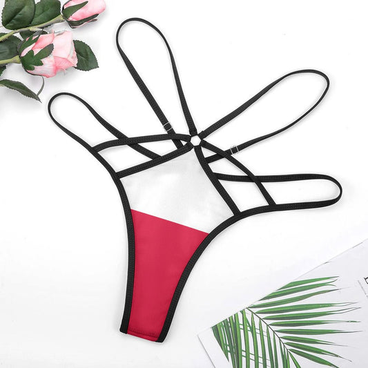 Strappy [Brand] bikini thong with red and white design.