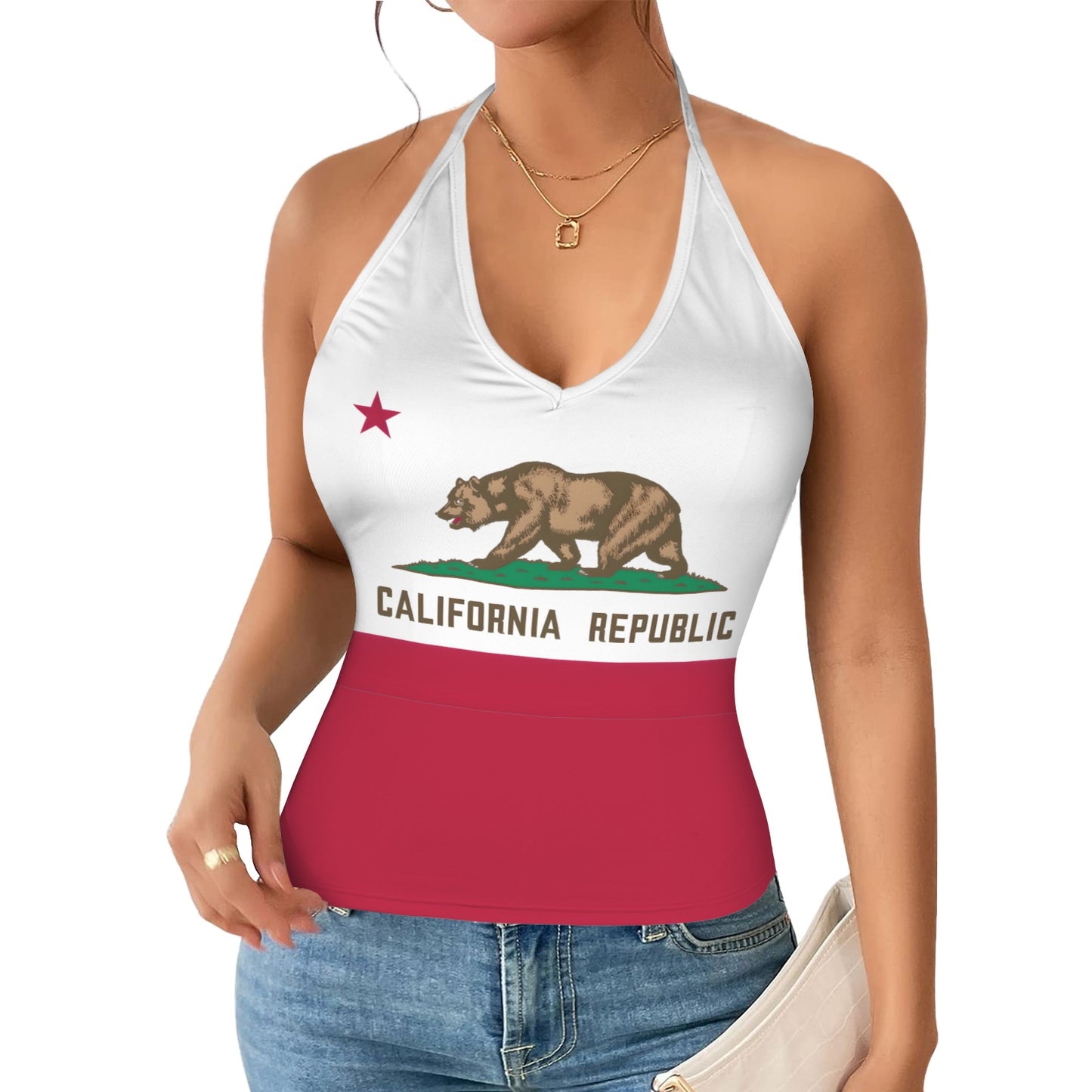 California Flag Inspired V-neck Halter Open Back Tank Top