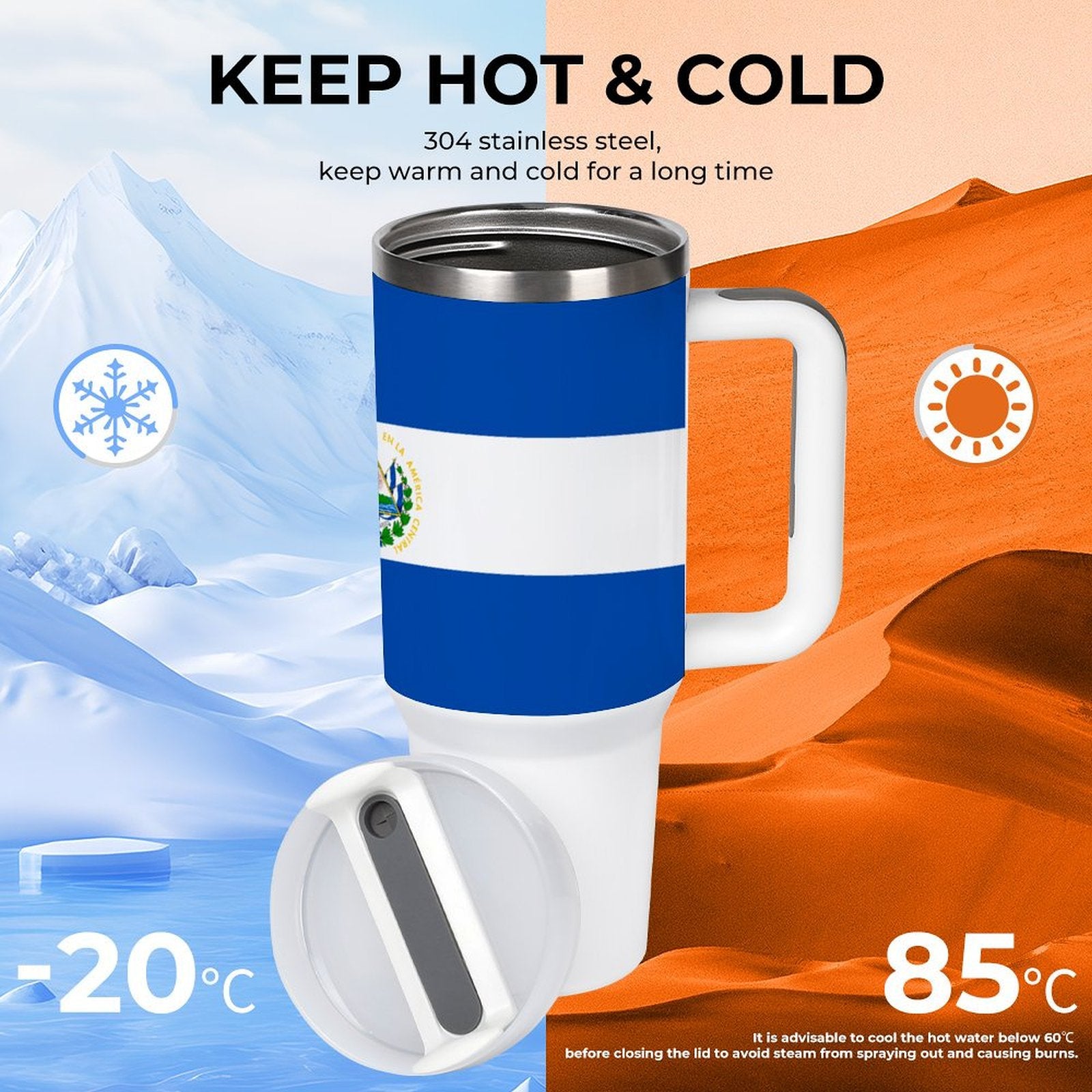 [Brand] insulated mug with flag design, keeps drinks hot/cold.