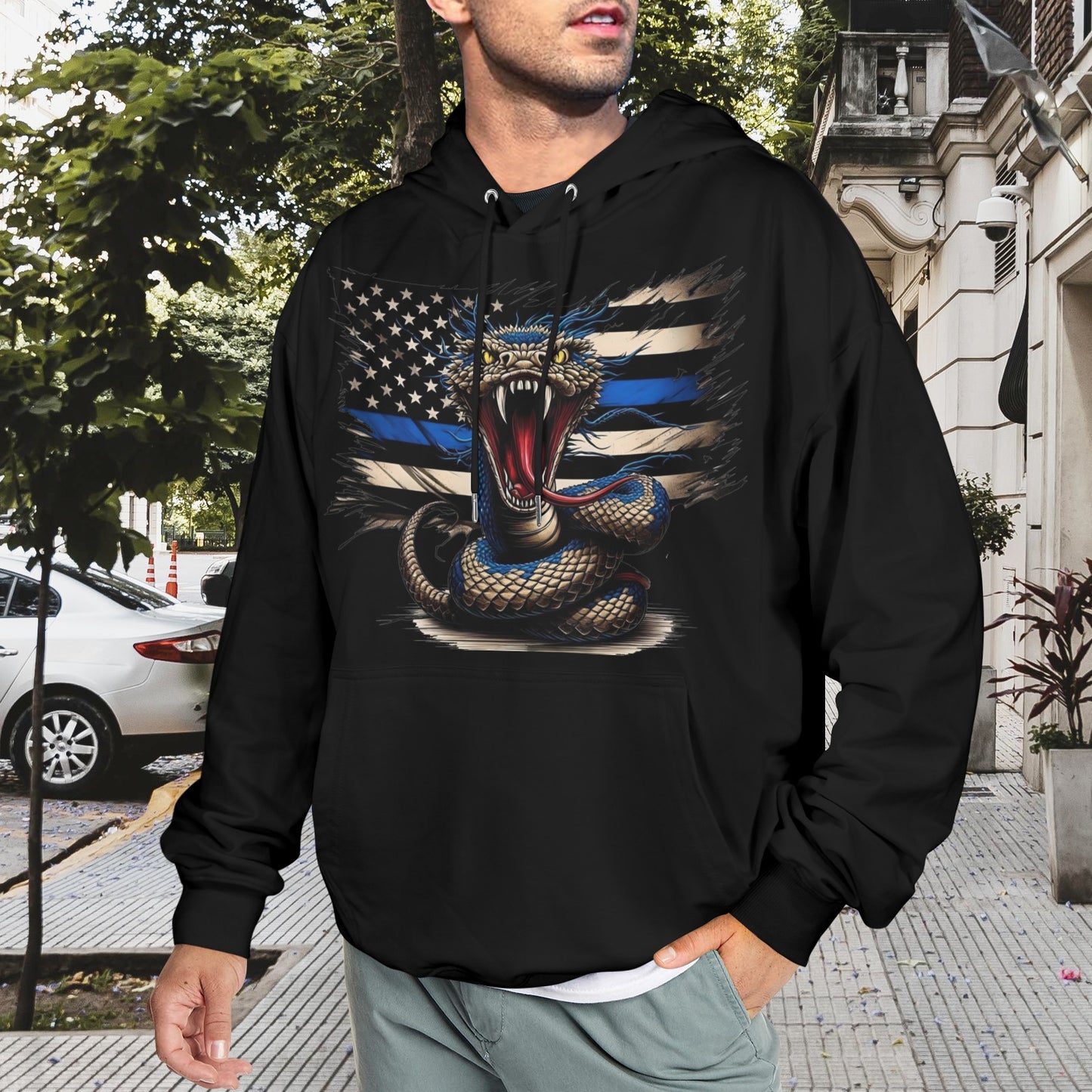 Thin Blue Line Snake Flag Inspired Men's Hoodie (Made in the USA)