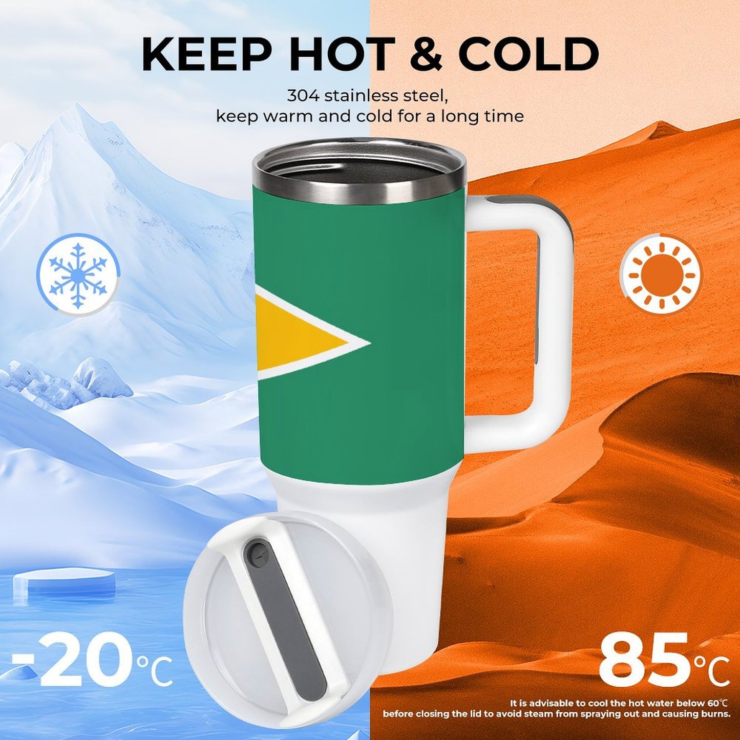 [Brand] insulated mug maintains temperature; ideal for hot, cold drinks.