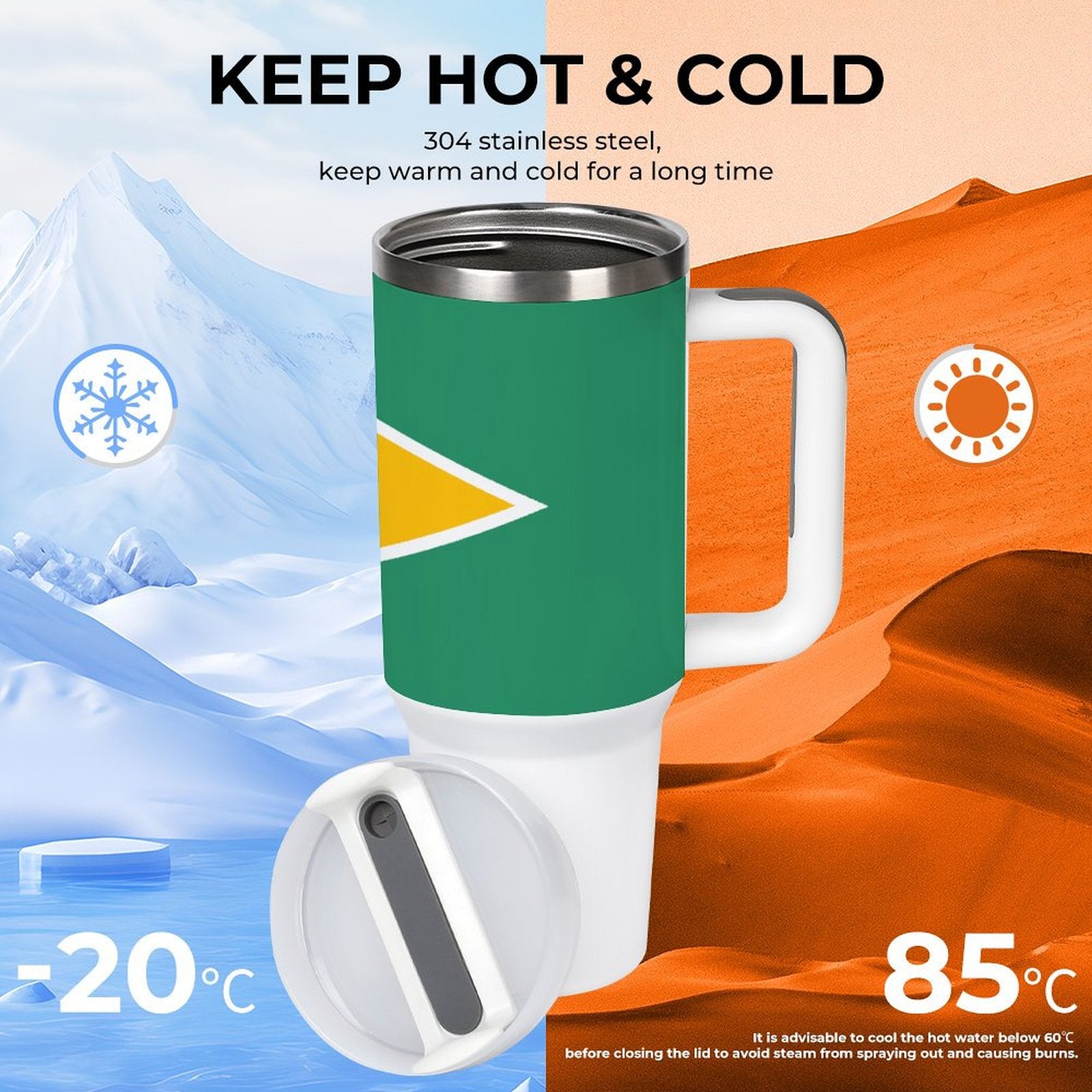 [Brand] insulated mug maintains temperature; ideal for hot, cold drinks.