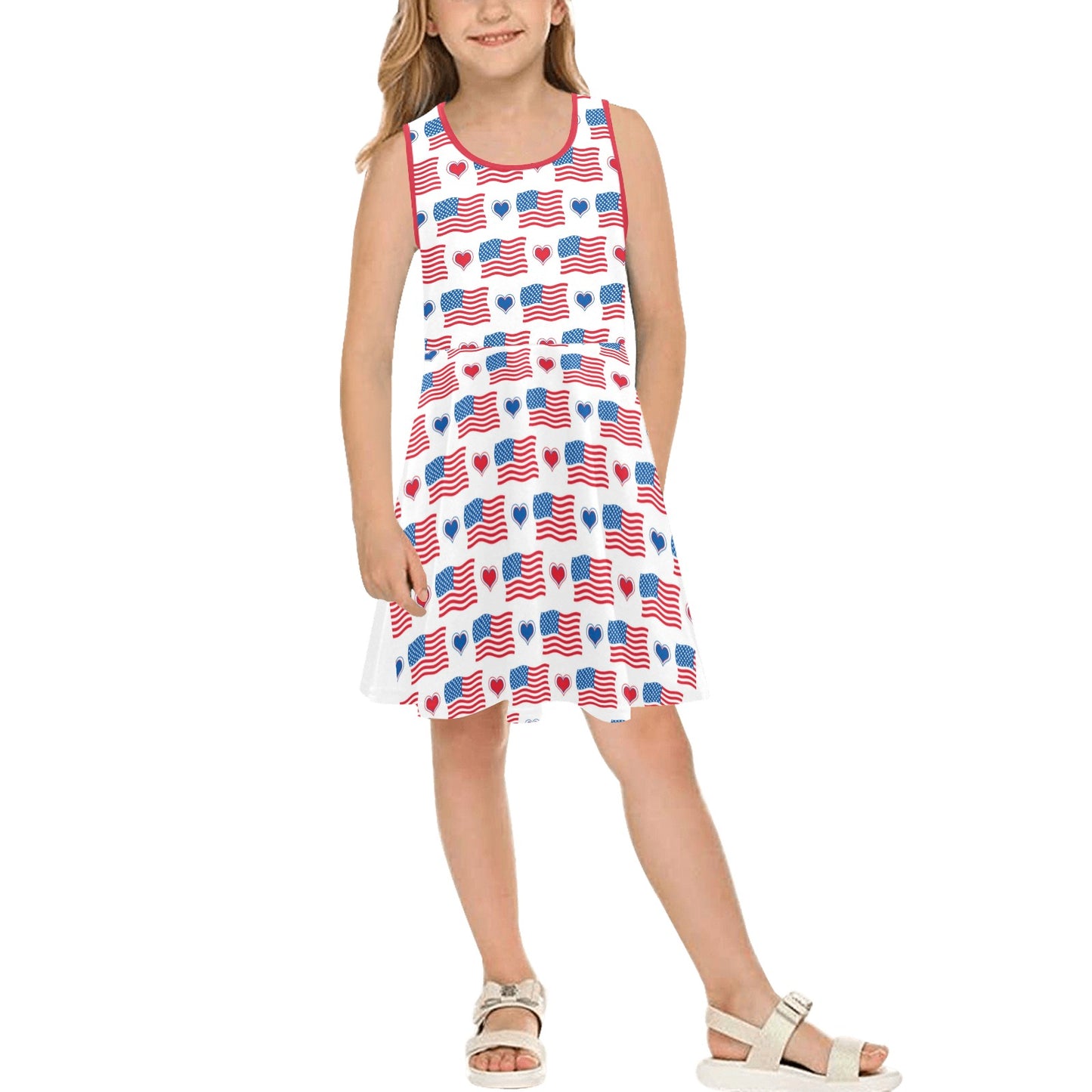 USA/American Flag Inspired Flag and Hearts Pattern Girls' Sleeveless Sundress| Ships from USA