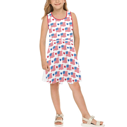 USA/American Flag Inspired Flag and Hearts Pattern Girls' Sleeveless Sundress| Ships from USA