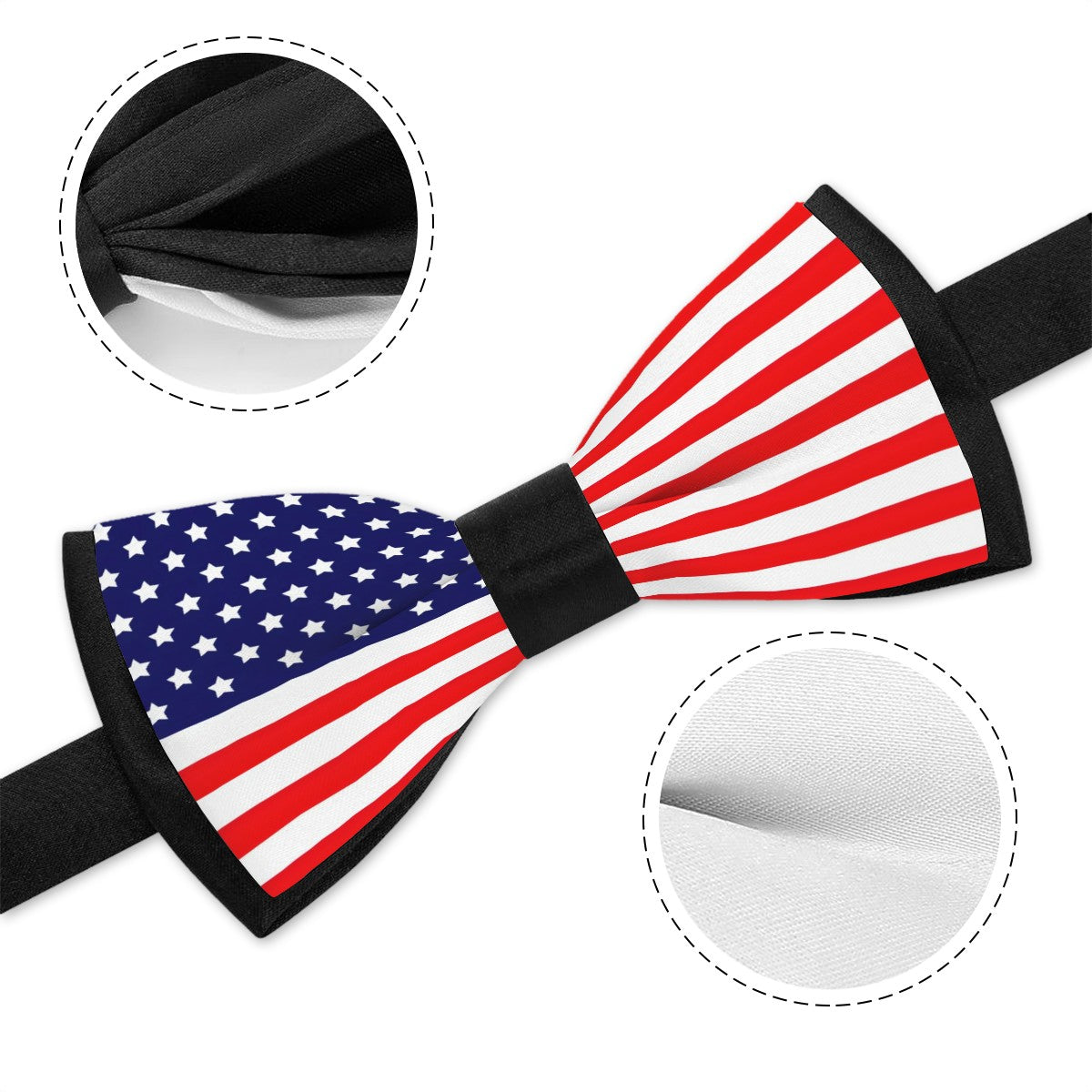 [Brand] American flag bow tie with fabric detail close-ups.