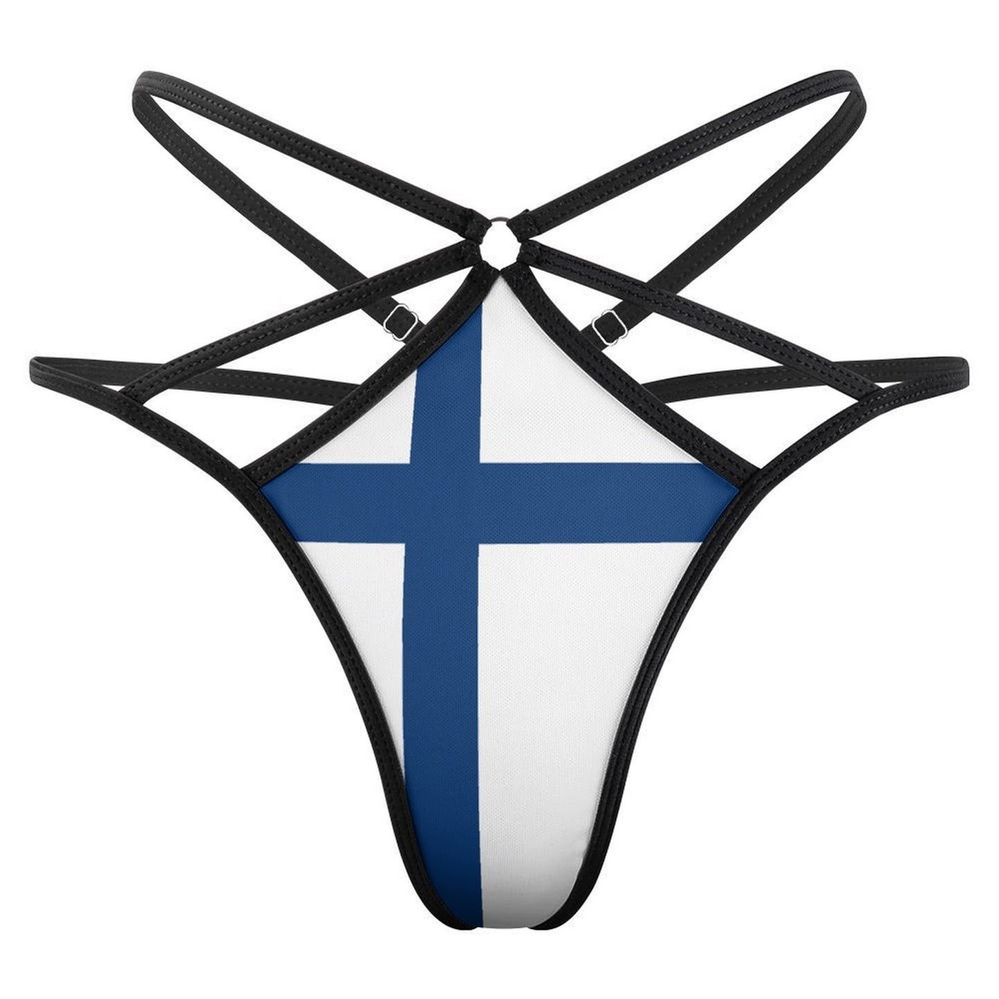Strappy bikini with Finnish flag design by [Brand].