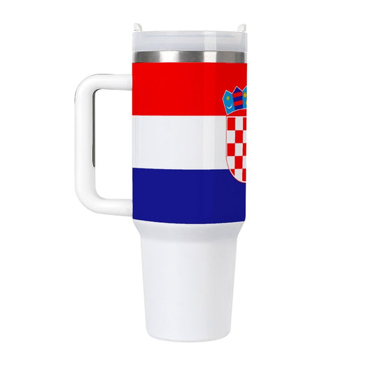 [Brand] travel mug with Croatian flag and emblem design.