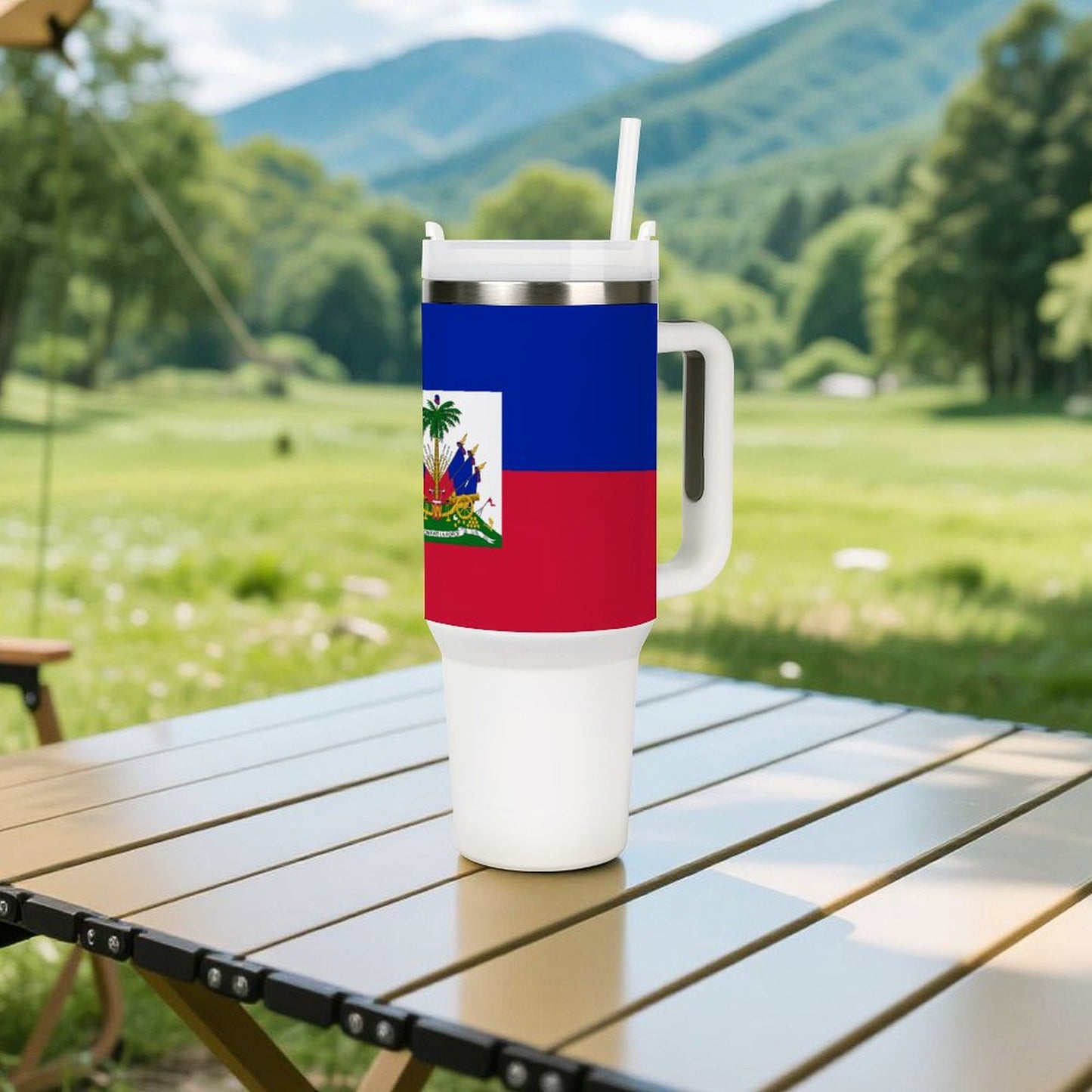 [Brand] mug with Haiti flag design on picnic table.
