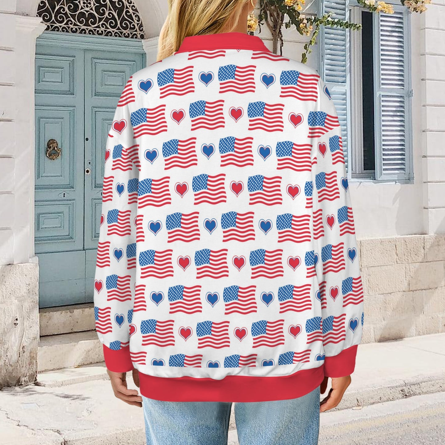 USA/American Flag Pattern Women's Quarter Zip Pullover Sweatshirt