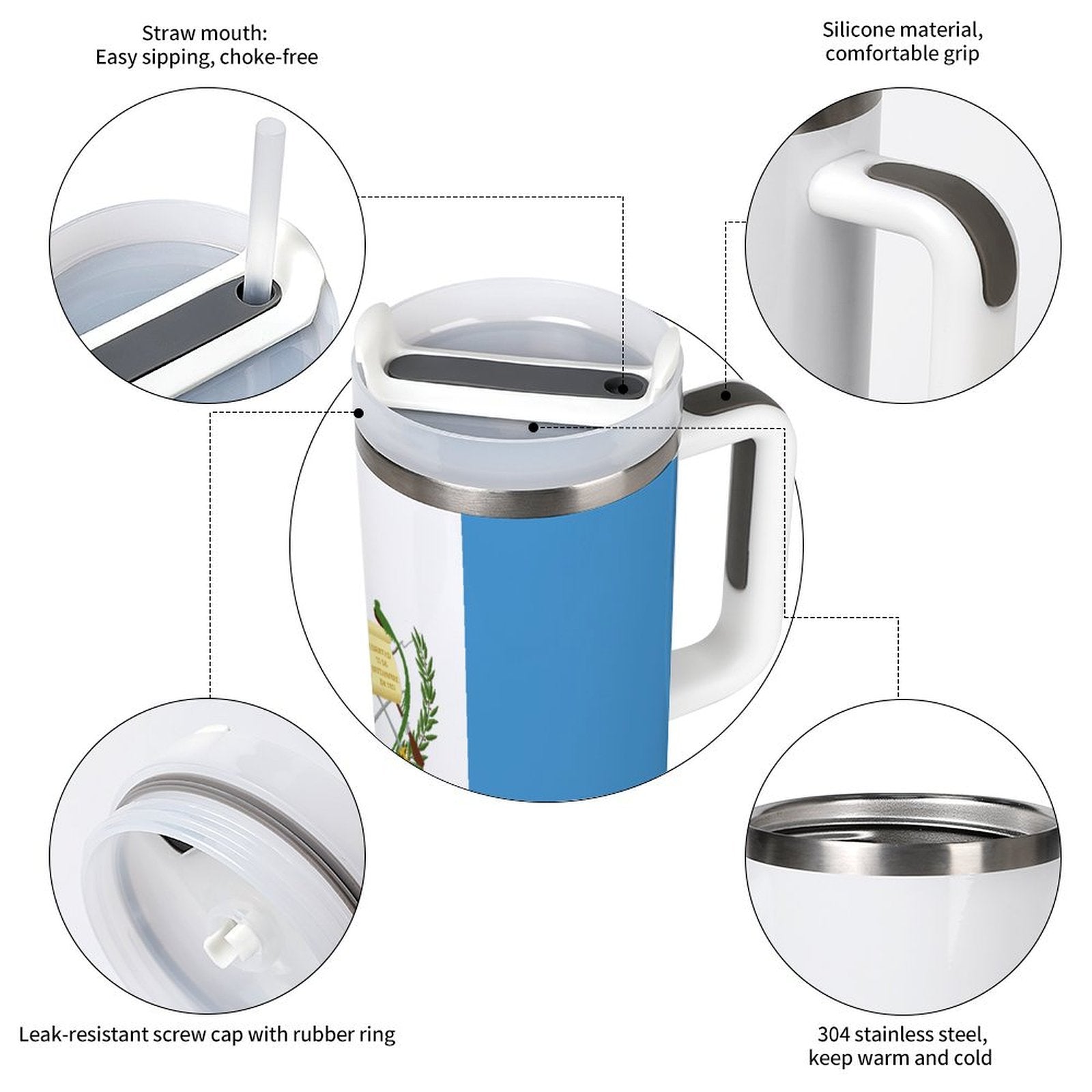 [Brand] mug features straw mouth, silicone grip, stainless steel.