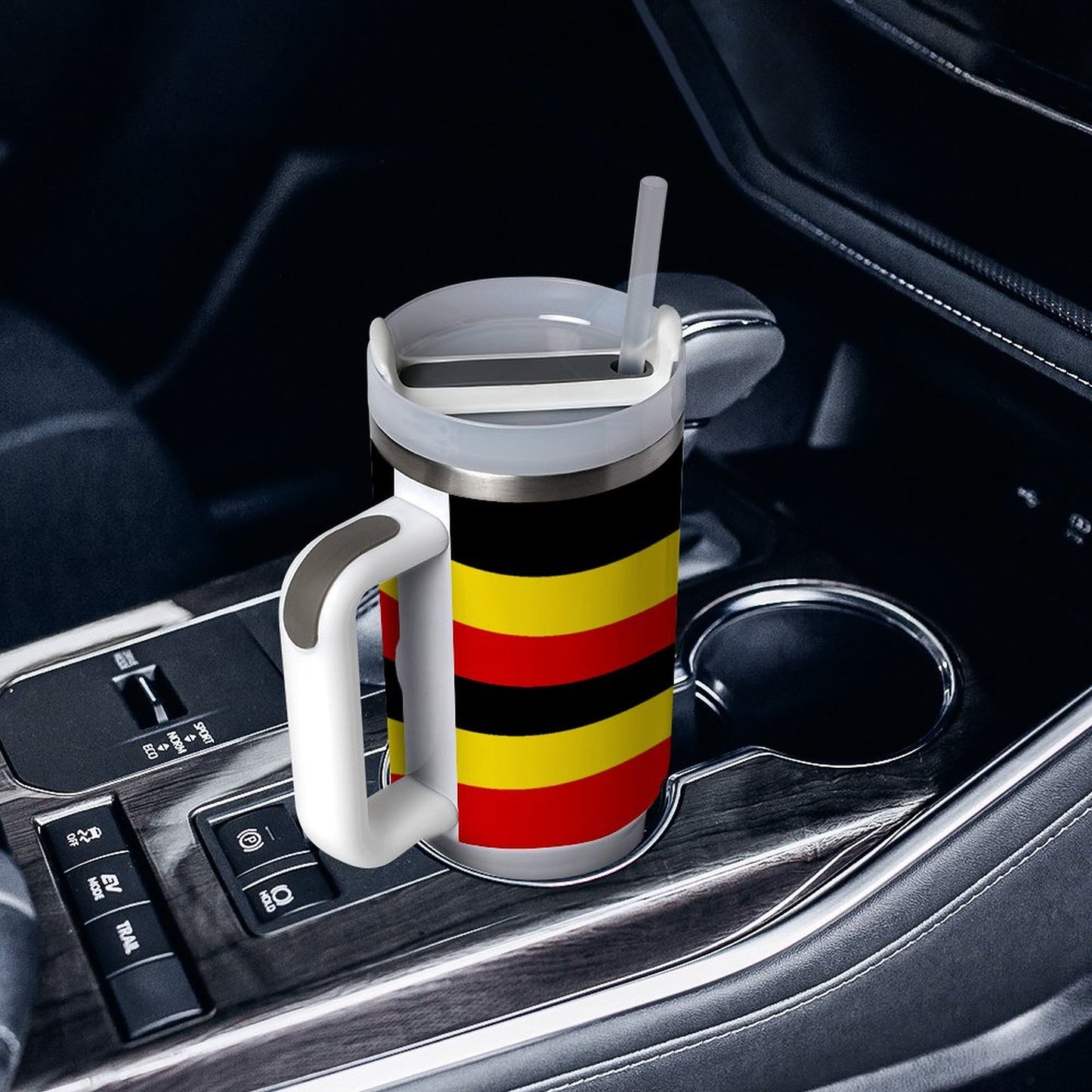 [Brand] travel mug with stripes in a car holder.