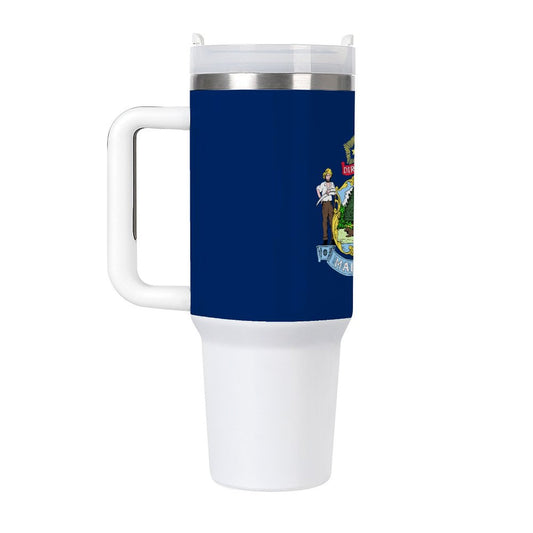 [Brand] travel mug with Maine state flag, white handle.