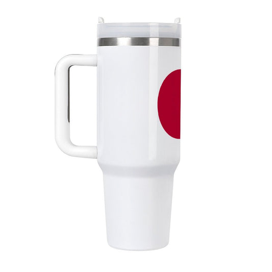 [Brand] white travel mug with large red circle design.