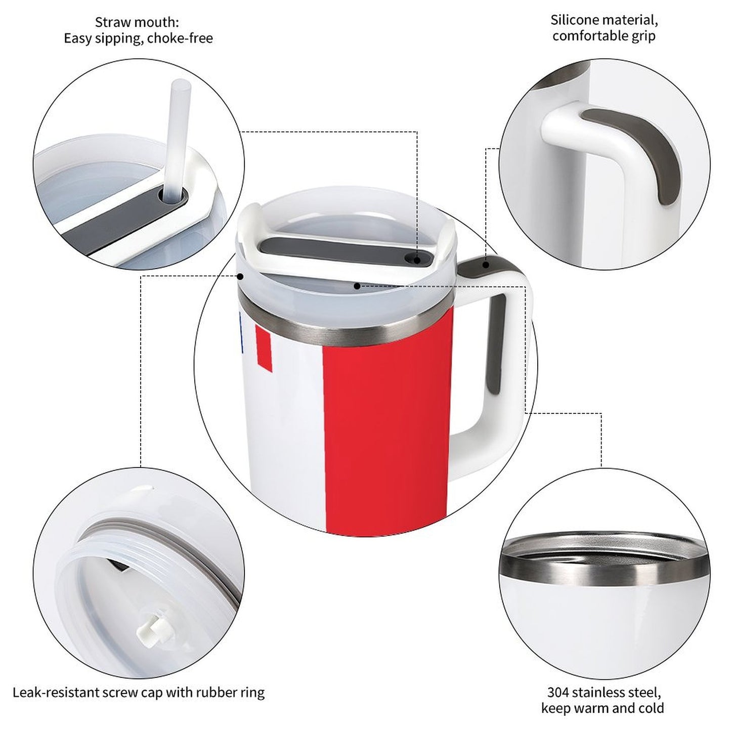 [Brand] insulated mug with silicone grip and straw mouth.