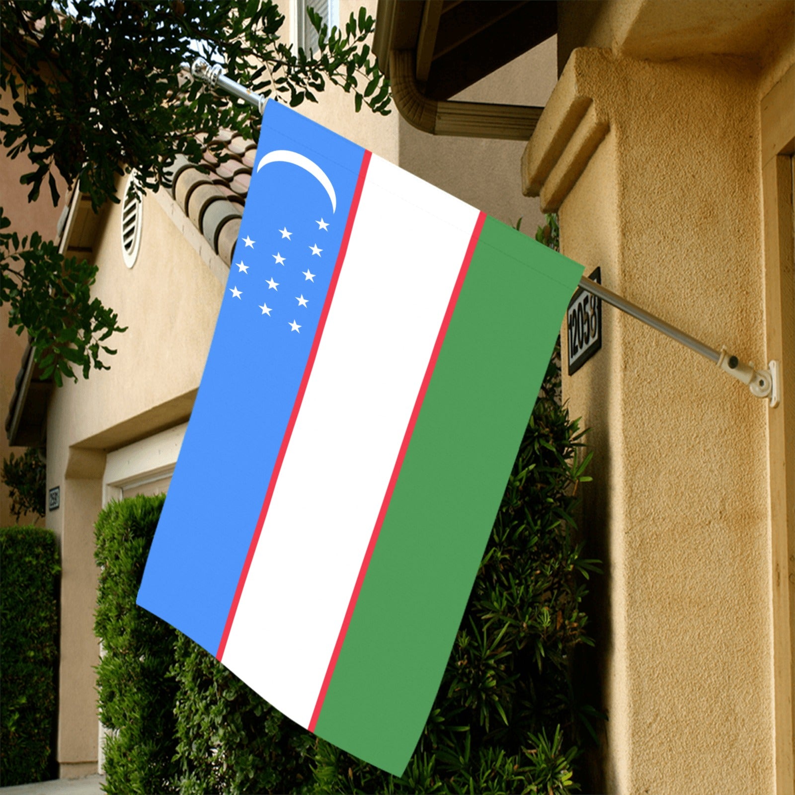Uzbekistan flag displayed outside home, brand: Luv My Flag.