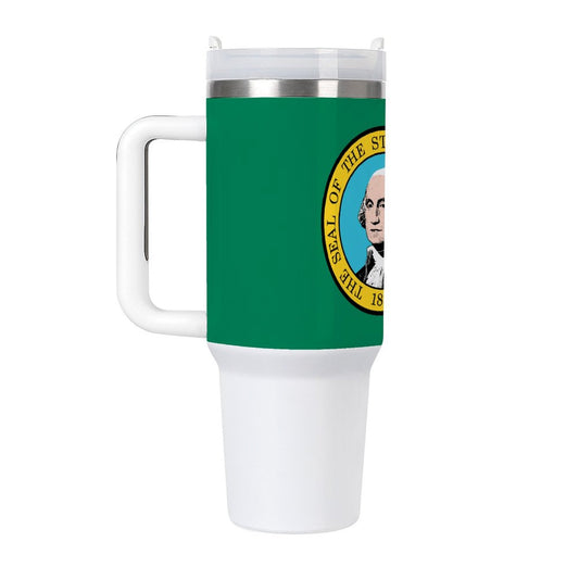 [Brand] travel mug with Washington State flag design displayed.