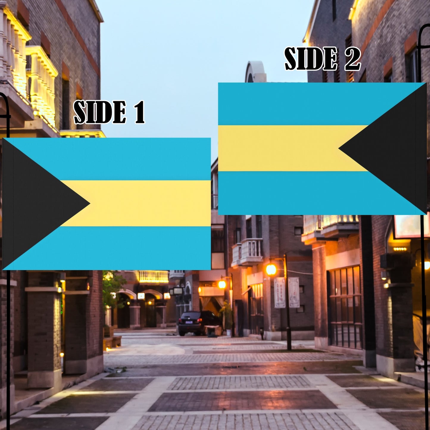 Two Bahamian flags by Luv My Flag in street.