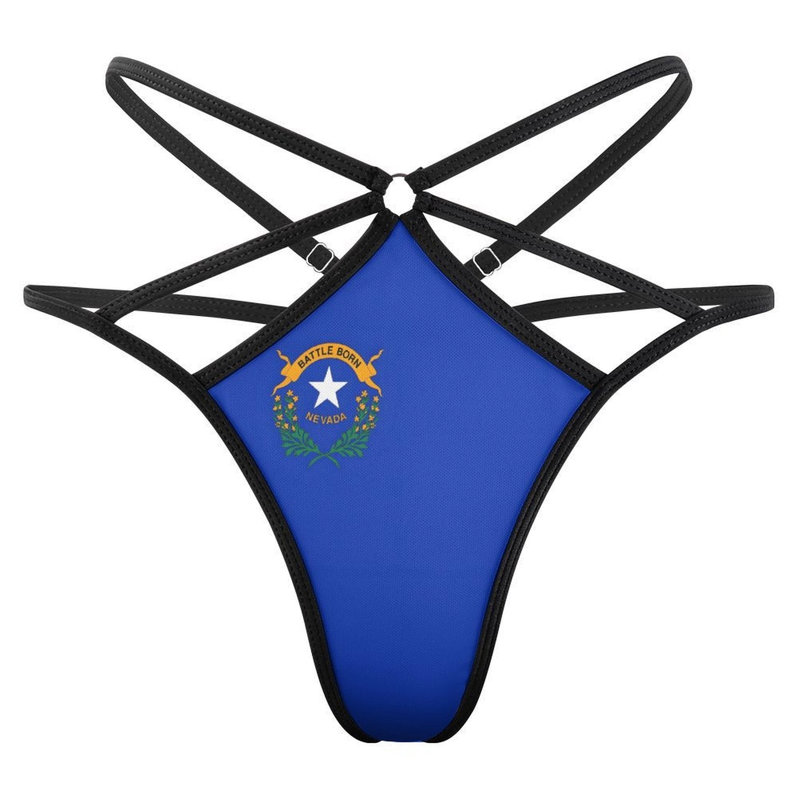 Blue Nevada-themed harness lingerie by [Brand] with black straps.