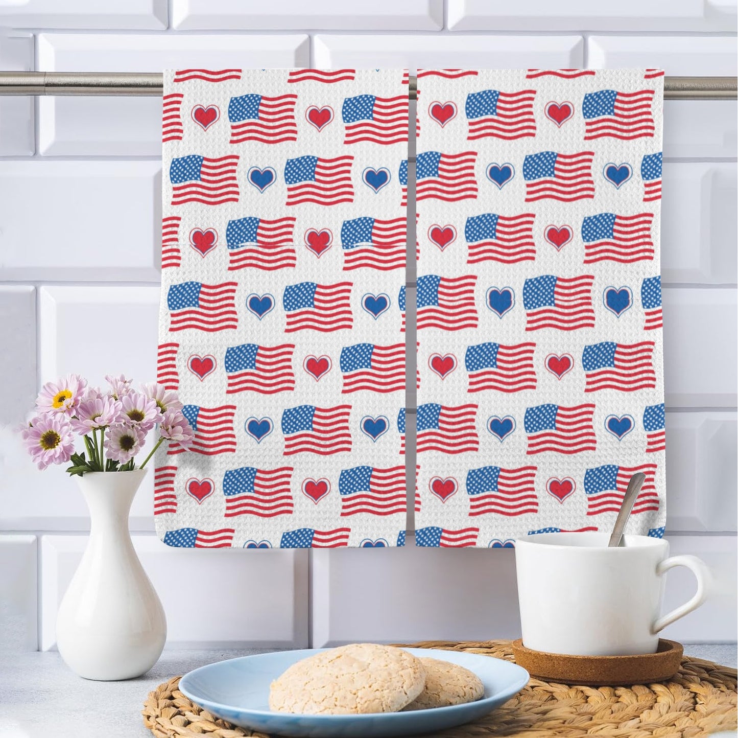 USA/American Flag Inspired Flag and Hearts Pattern Kitchen Towel 40X60cm (Pack of 2) (Made in the USA)