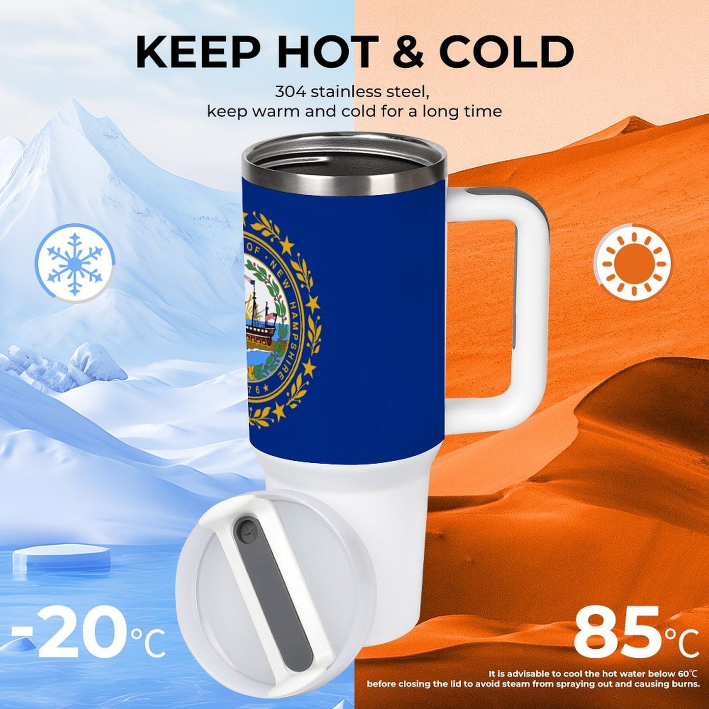 [Brand] insulated mug with blue design, maintains hot and cold.