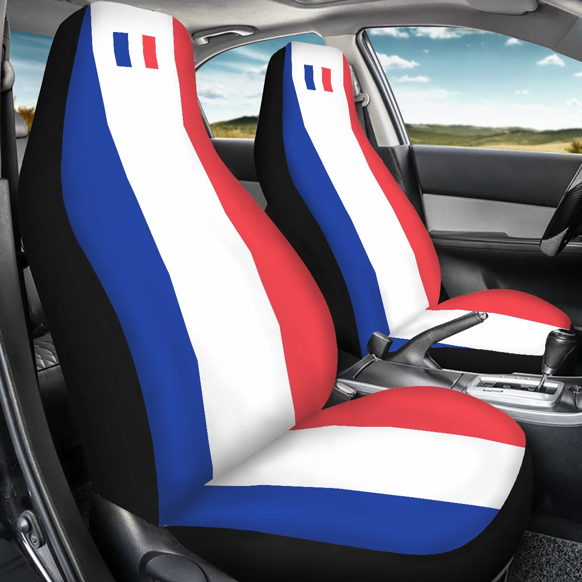 [Brand] car seat covers with red, white, blue stripes.