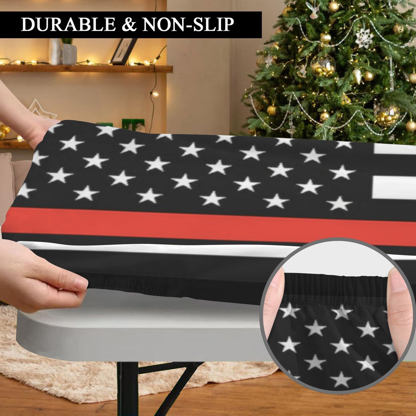 Thin Red Line Flag Inspired Custom Elastic Fitted Tablecloth 72x30 inch (Made in the USA)