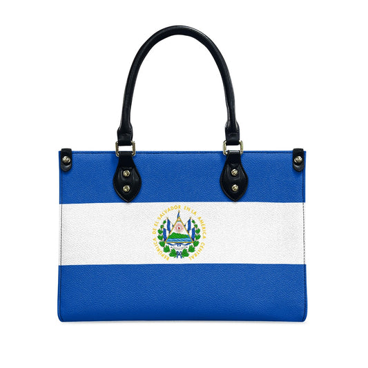[Brand] handbag with El Salvador flag design, black handles.