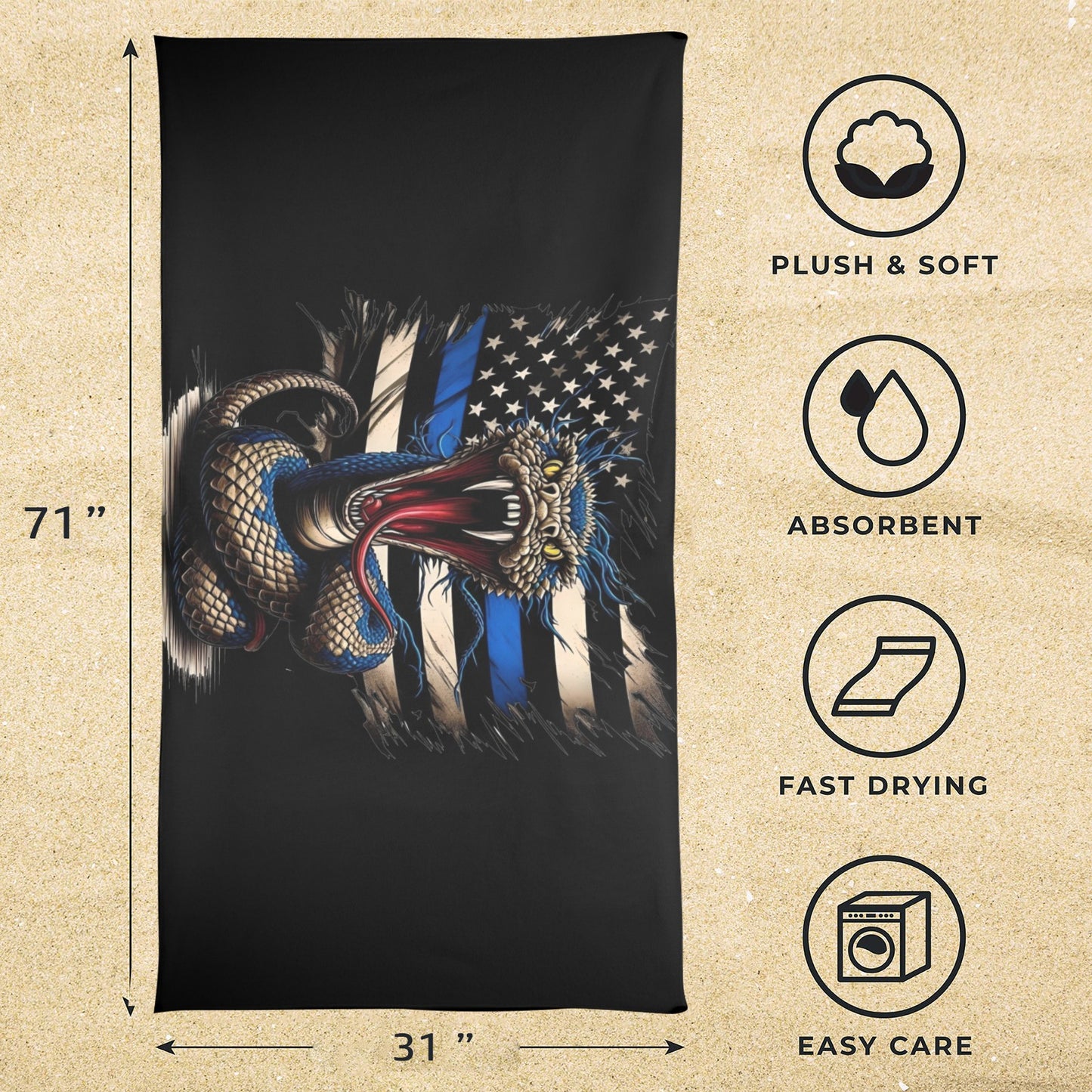 Thin Blue Line Flag Inspired Snake Beach Towel 31"x71 (Made in USA)