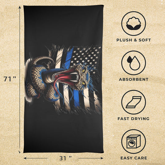 Thin Blue Line Flag Inspired Snake Beach Towel 31"x71 (Made in USA)