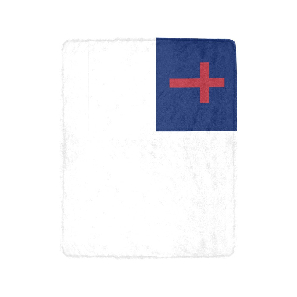 Luv My Flag Christian flag-themed blanket, white and colorful.