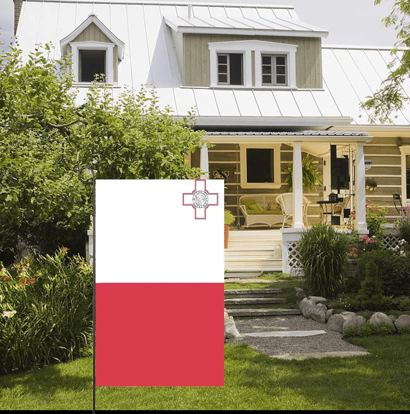House with garden displays Luv My Flag's Maltese banner.