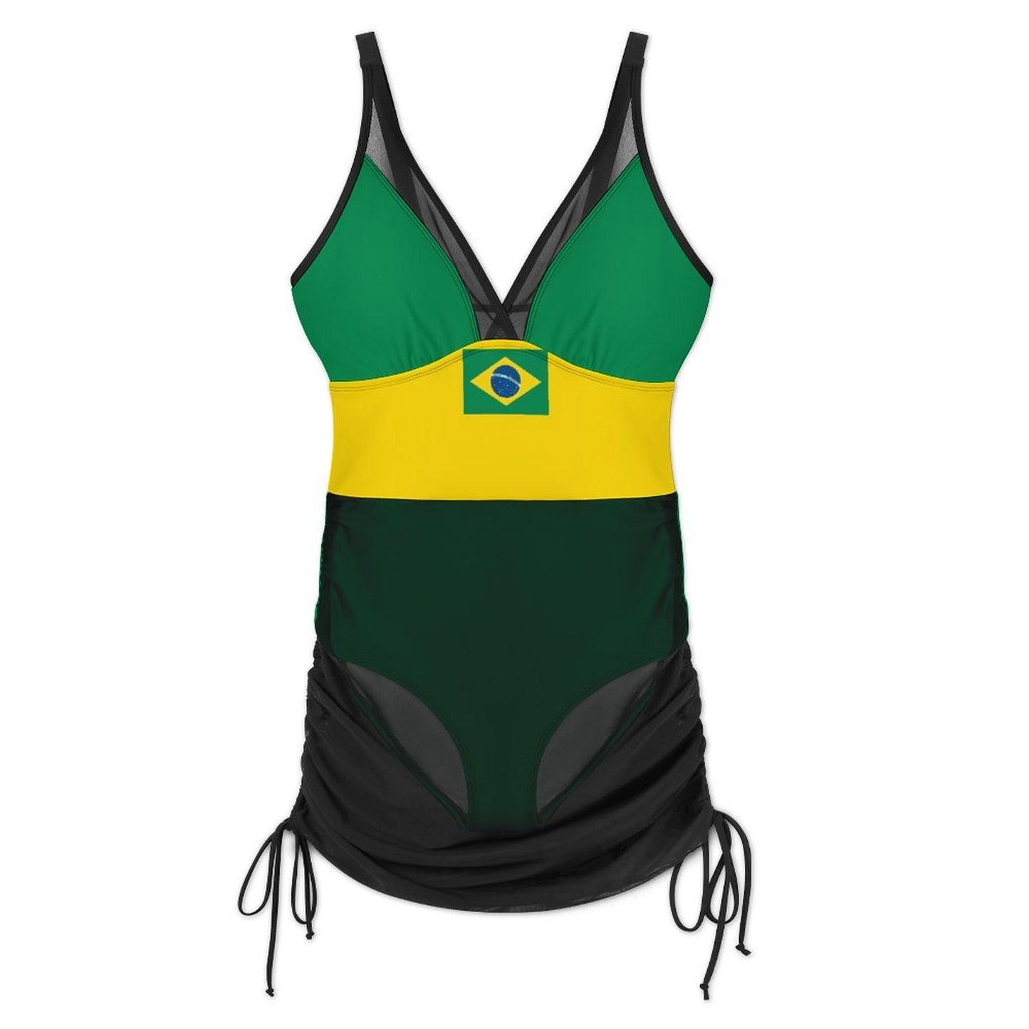 Brazil Flag Inspired Women's Mesh Plunge One-Piece Swimsuit