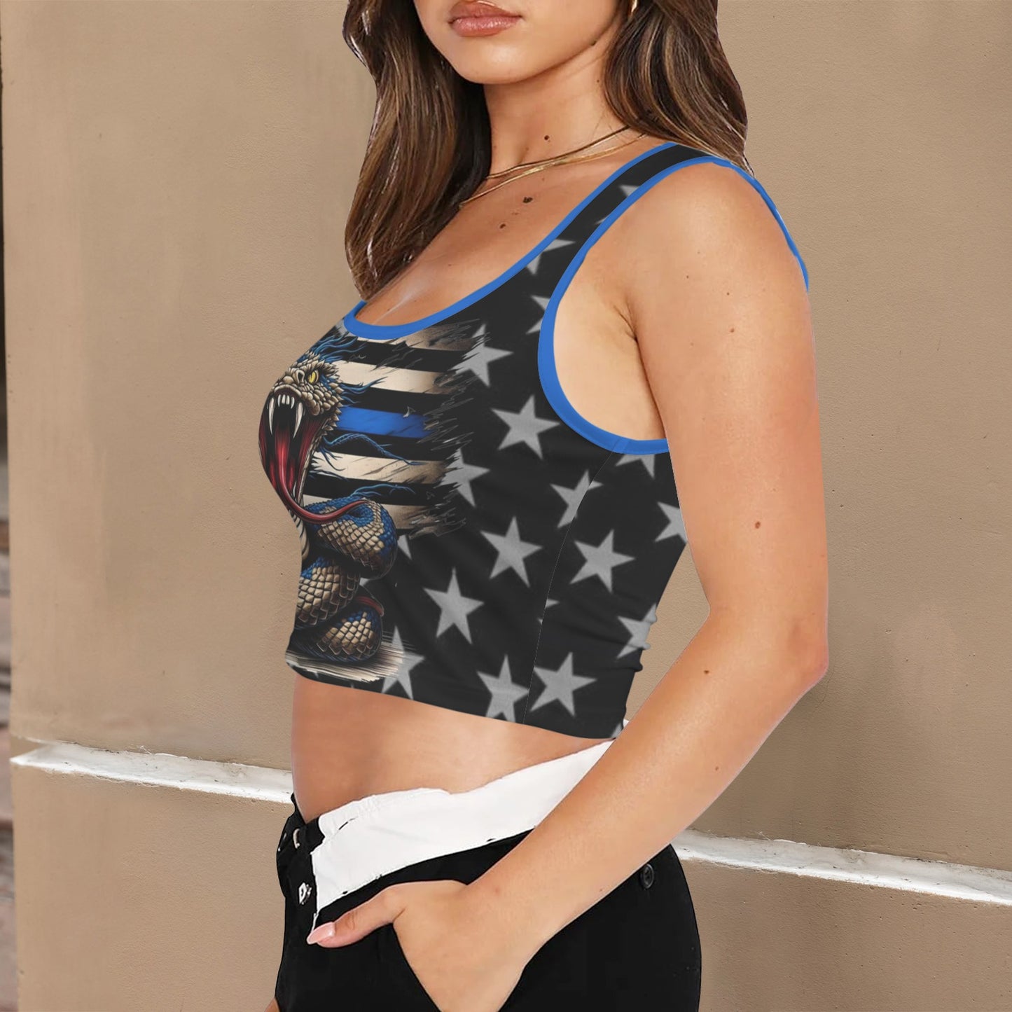 Thin Blue Line Flag Inspired Snake Square Neck Crop Tank Tops