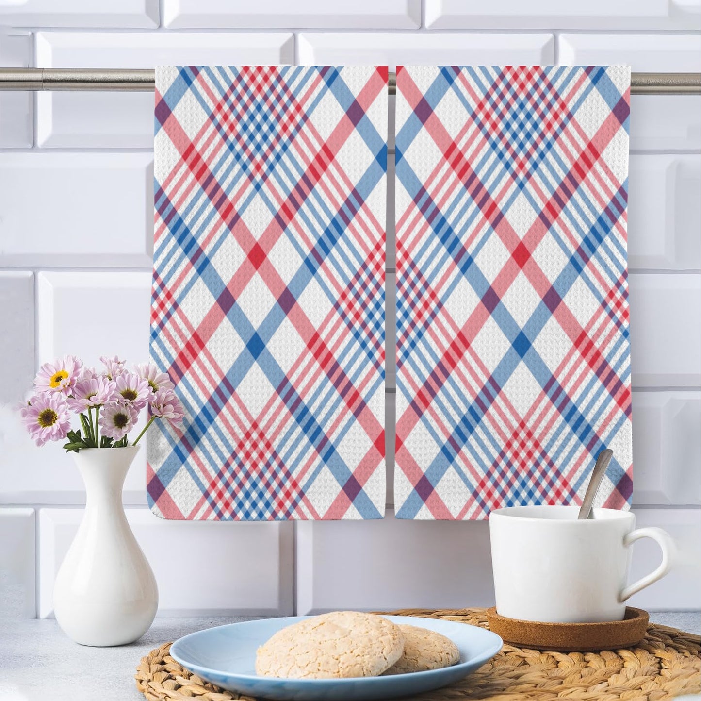 USA/American Flag Inspired Plaid Pattern Kitchen Towel 40X60cm (Pack of 2) (Made in the USA)