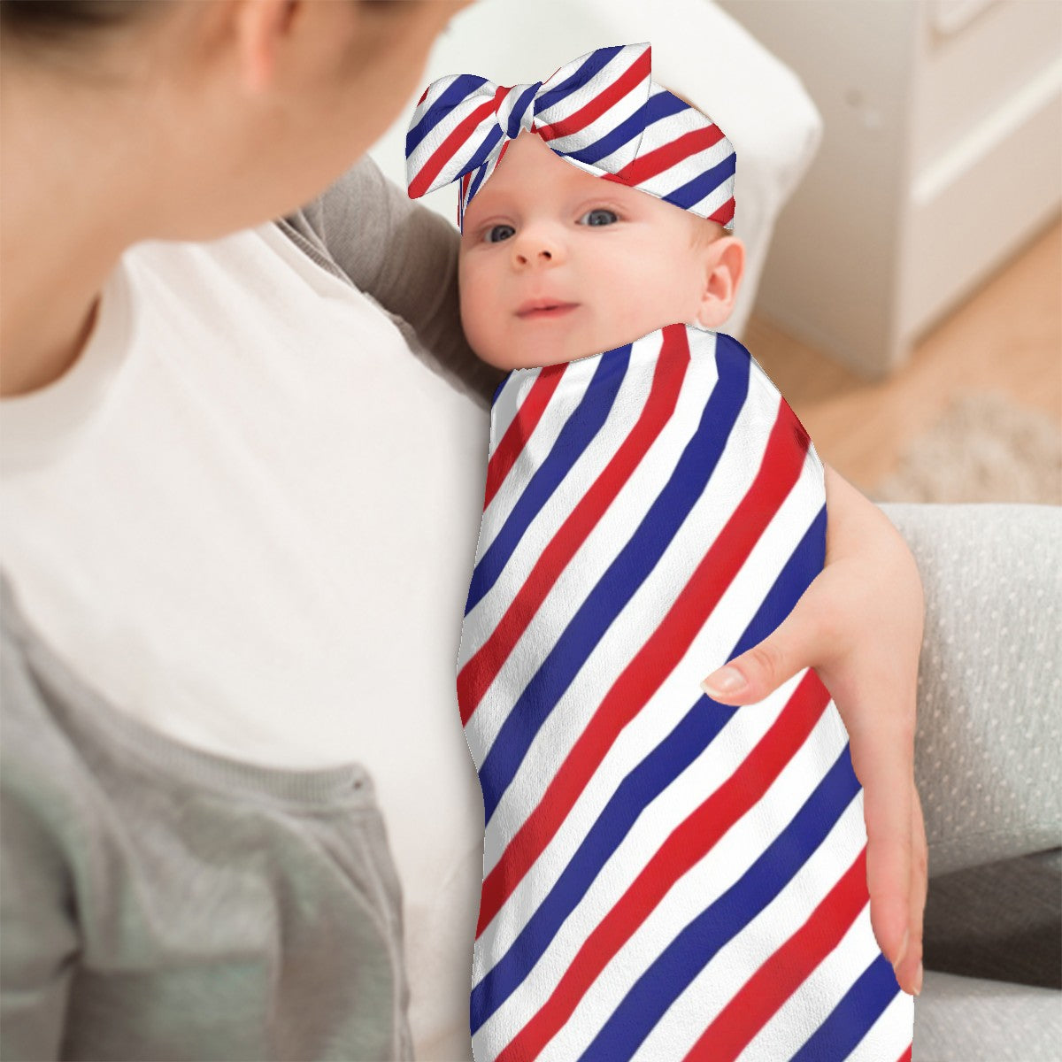 USA/American Flag Inspired Stripes Pattern Baby Swaddle Sack with Baby Headband