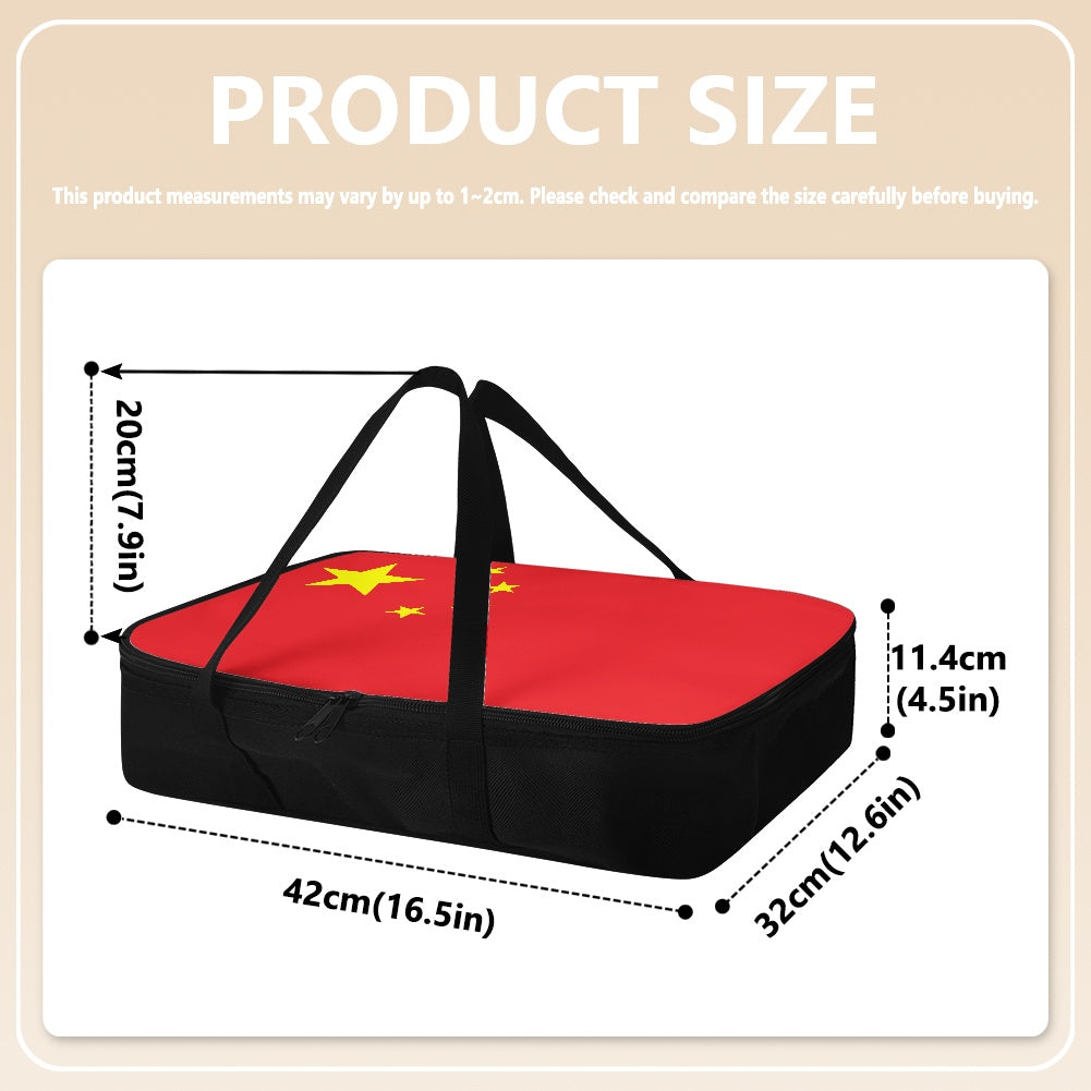 [Brand] insulated bag with China flag, dimensions labeled.