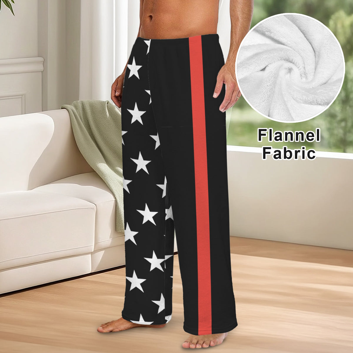 Thin Red Line Flag Inspired Style-2 Men's Flannel Pajama Trousers Printed in the USA