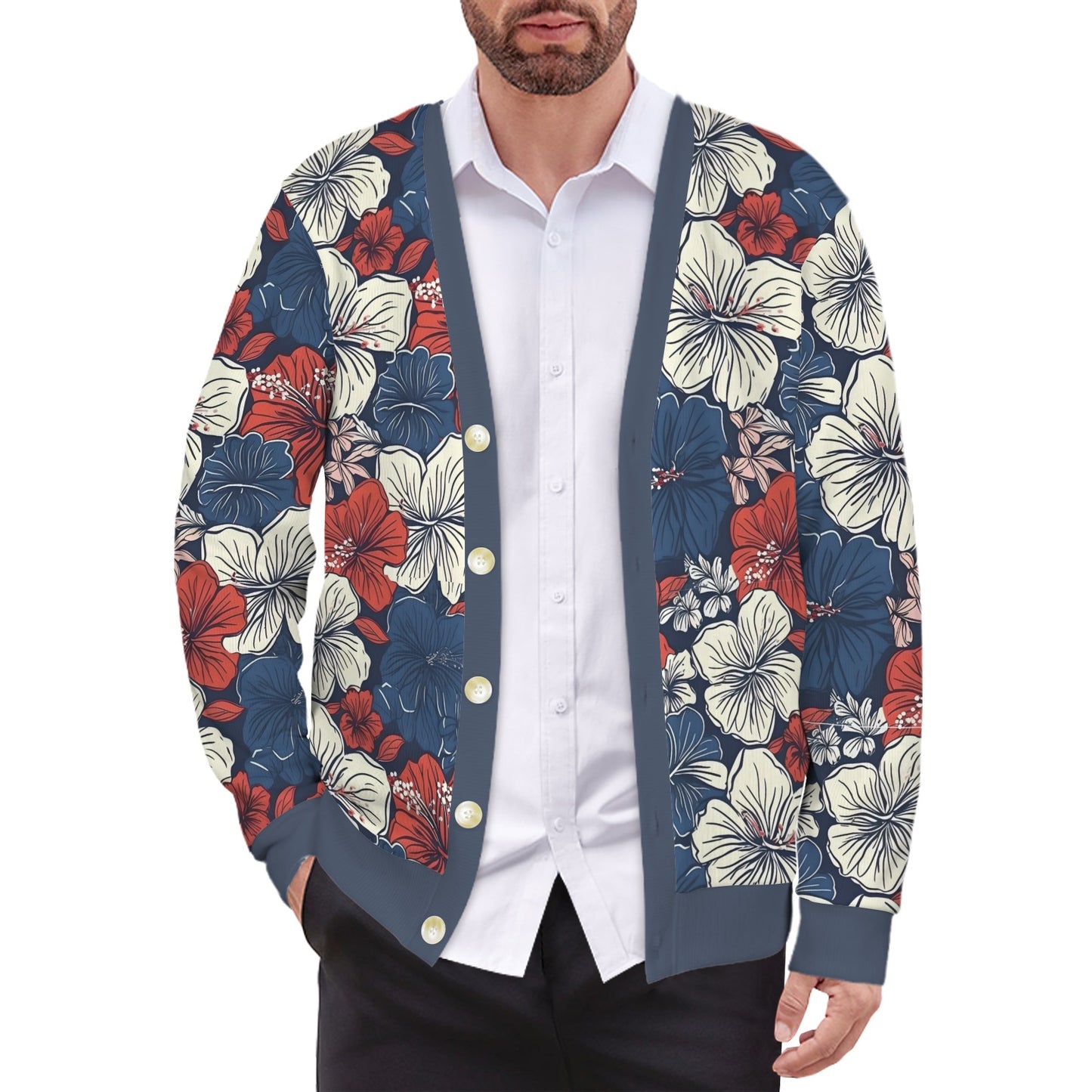 USA/American Flag Inspired Hawaiian Floral Pattern Men's Cardigan