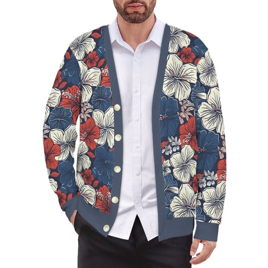USA/American Flag Inspired Hawaiian Floral Pattern Men's Cardigan