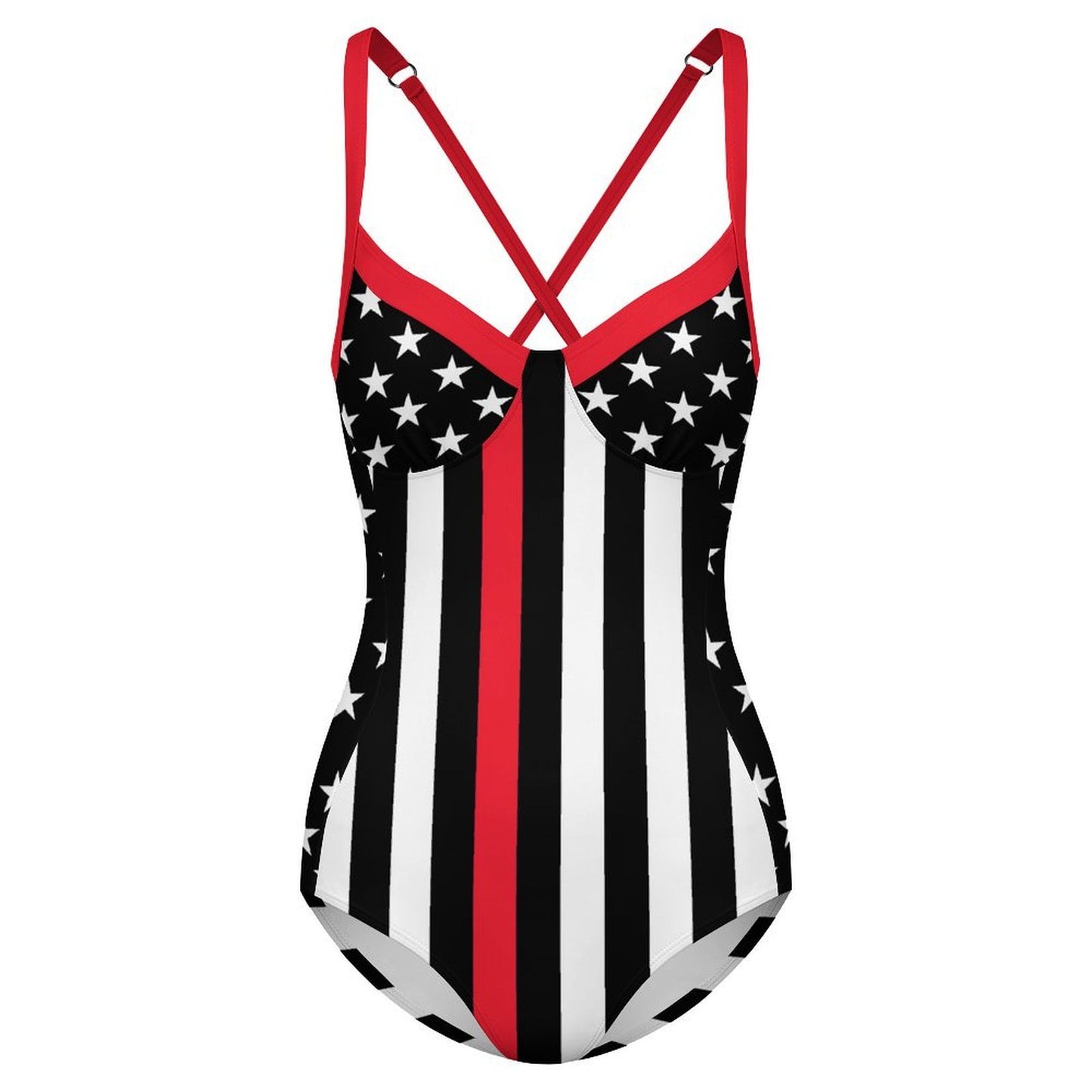 Thin Red Line Flag Inspired Criss Cross Back One Piece Swimsuit