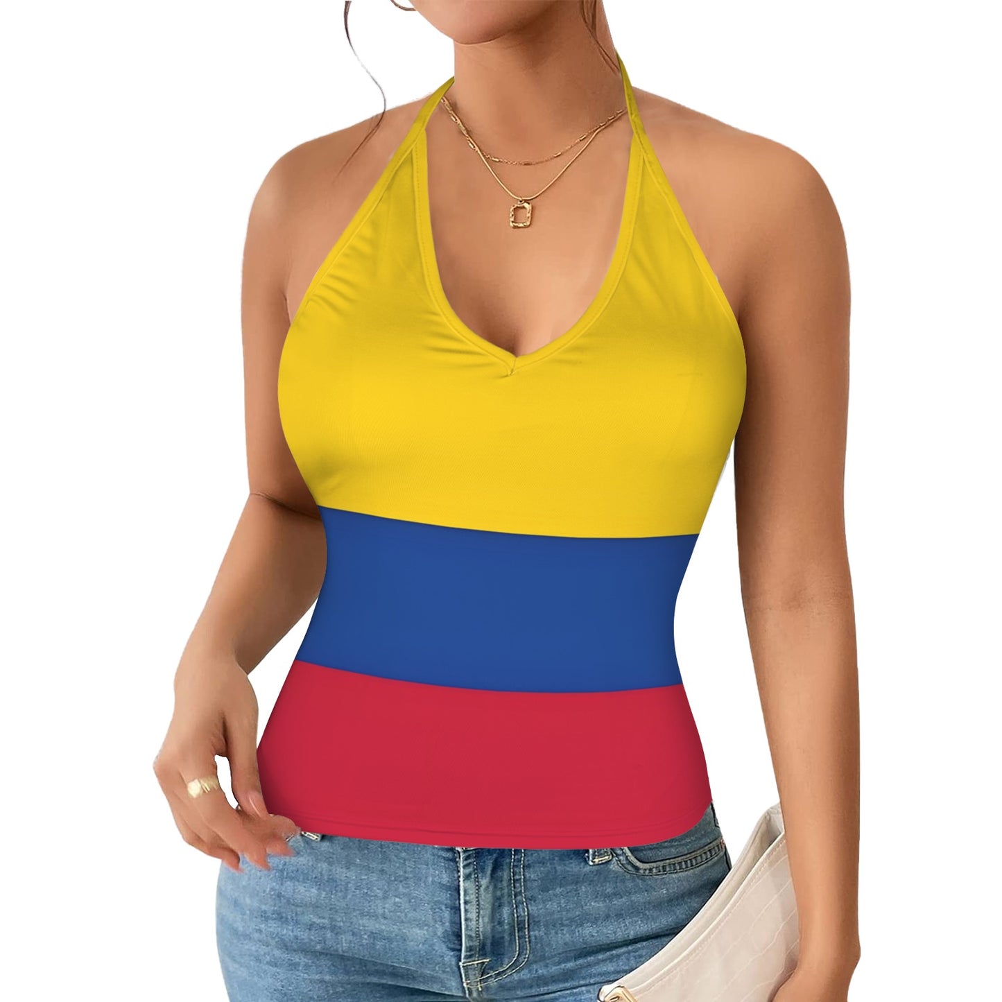 Colombia Flag Inspired V-neck Halter Open Back Tank Top